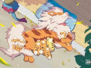 Arcanine - Growlithe sleeping with Ditto - Pokemon Fanart