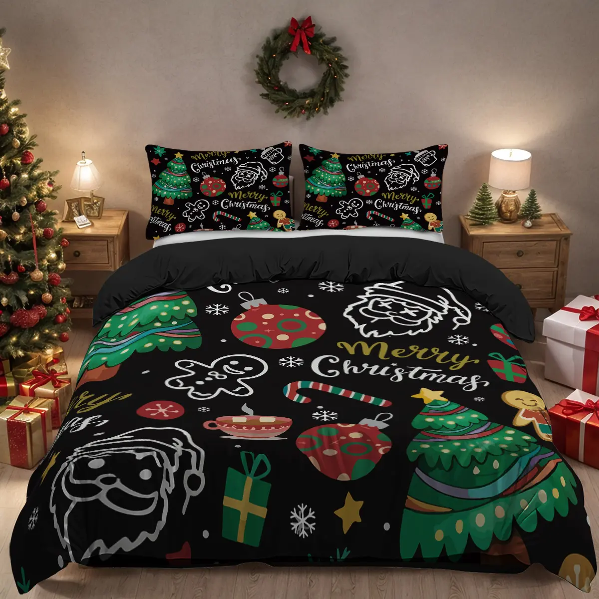 3pcs Christmas pattern printed bedding set, suitable for bedrooms and guest rooms. Soft and comfortable black gingerbread man and Christmas tree printed duvet cover, gift for family and friends 1 * duvet cover+2 * pillowcase, coreless