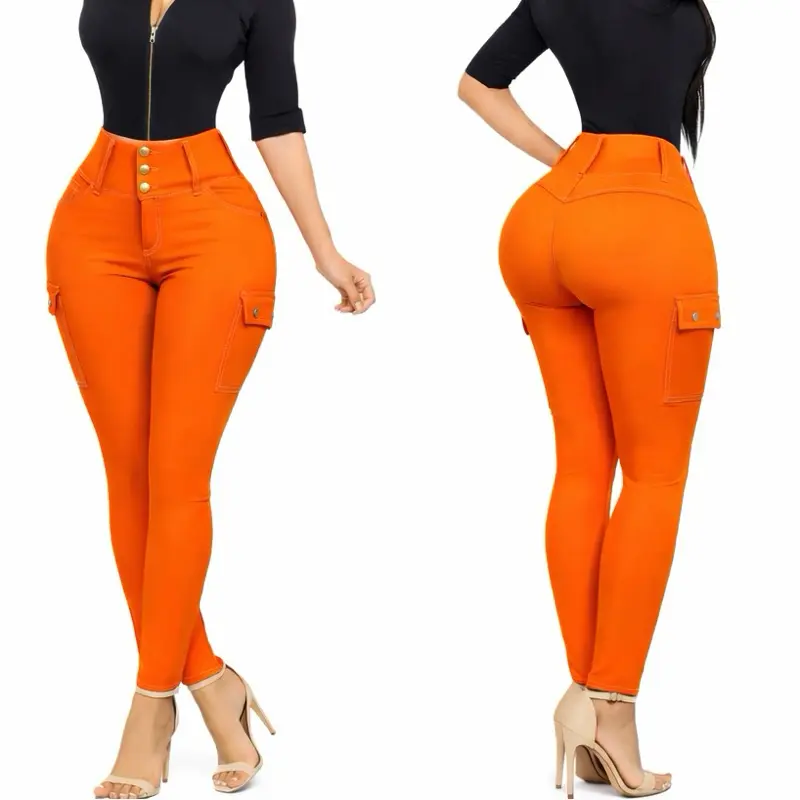 Women's Luxury Colombian Cargo Jeans - Orange High-Quality Women's Bottoms with Stylish Design for Luxury Enthusiasts, Bottom