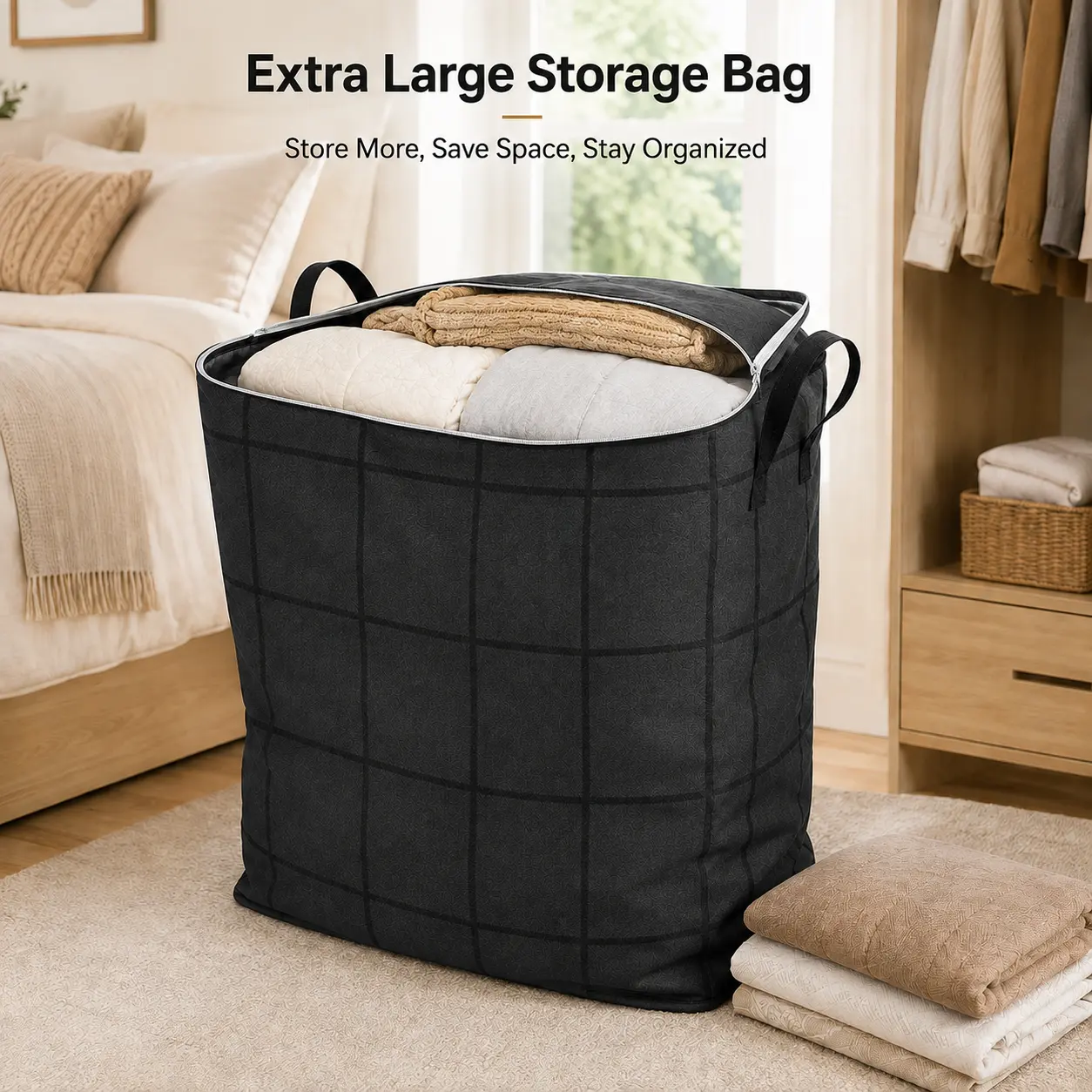 XXL 180L Large Foldable Storage Bag with Handles - Heavy Duty Clothes Organizer for Closet, Moving & Seasonal Storage, Space Saving
