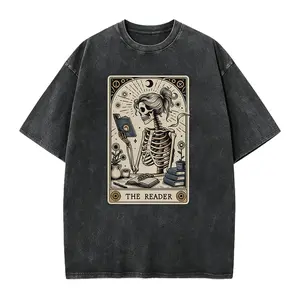 The Reader Tarot Card T-shirt, Casual Skeleton Graphic 100% Cotton Short Sleeve Tee for Men and Book Lovers, Tshirt, Plain
