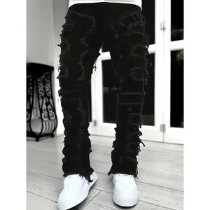 Men's Creative Tassel Straight-Leg Denim Pants, Medium-Stretch Casual Streetwear Menswear, All-Season Street Style Hip Hop Barrel Jeans