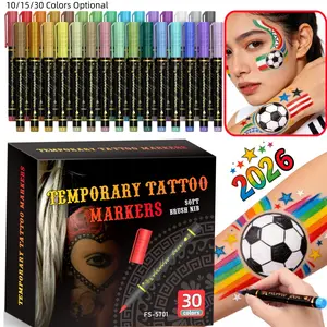 Temporary Tattoo Markers for Skin, 10/15/30-Count Body Markers 10/15/30 Colors Tattoo Pens,Flexible Brush Tip, Soft Brush Nib, Bright colors, Multicolor Face Paint Kit Cosmetic Quality,Halloween makeup