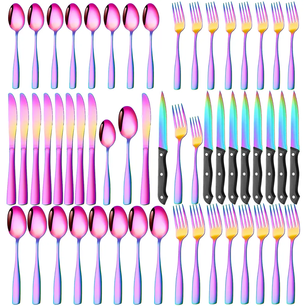 Sturdy Rainbow Stainless Steel Tableware Flatware Cutlery Set - Black-48-Piece or 24-Piece Kitchenware with Colorful Utensils, Spoons, Steak Knives, Mirror Polished, Reusable, Dishwasher Safe for 4 or 8 People