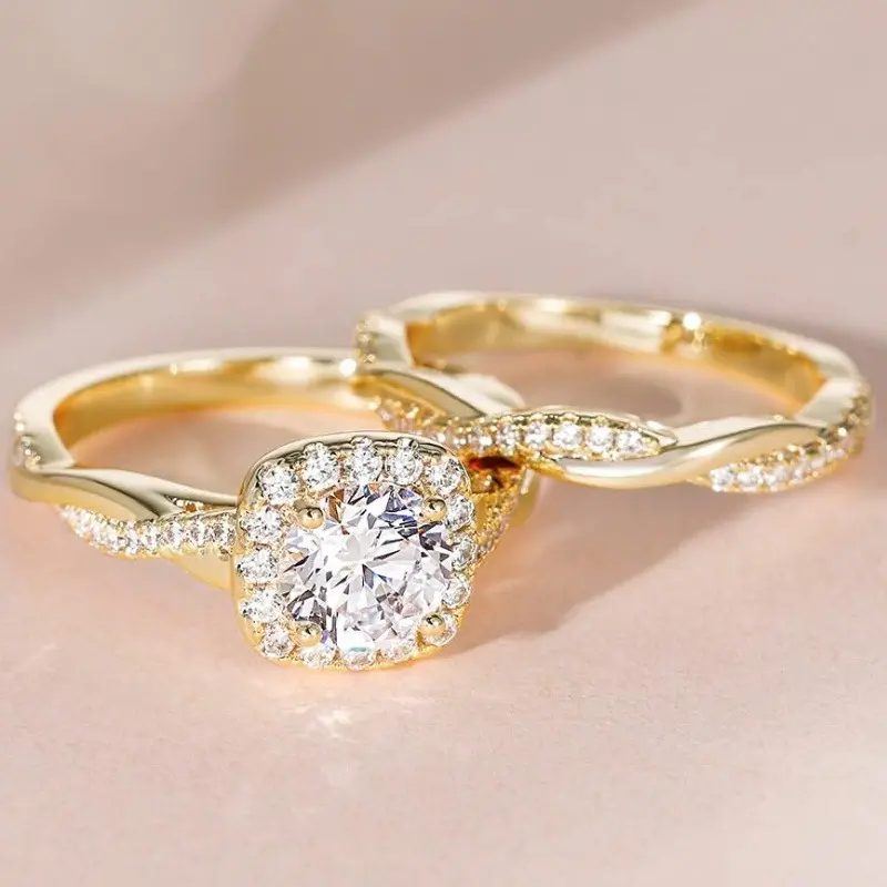 2-Piece Cubic Zirconia Bridal Set Rings, Elegant Twisted Leaf Vine Wedding and Engagement Rings for Women with Square Cut Stone, Cubic Zirconia Ring