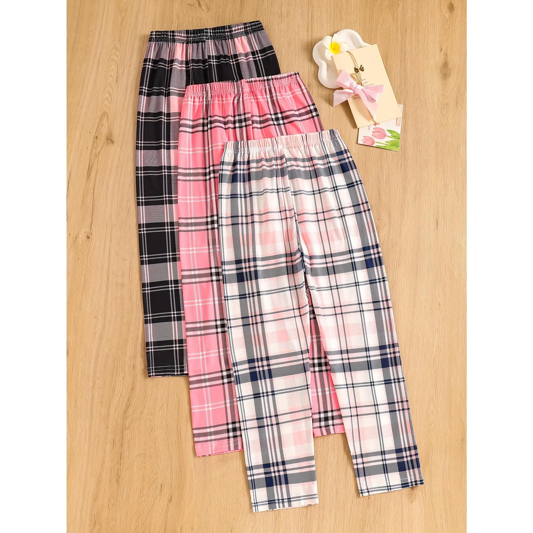 Girls' 3-Piece Polyester Pyjama Set with 5% Spandex, Plaid Print, Flame-Retardant Fabric, Elastic Waist, Full-Length Pants, Dry Clean, Spring & Autumn Casual Wear for Under 12