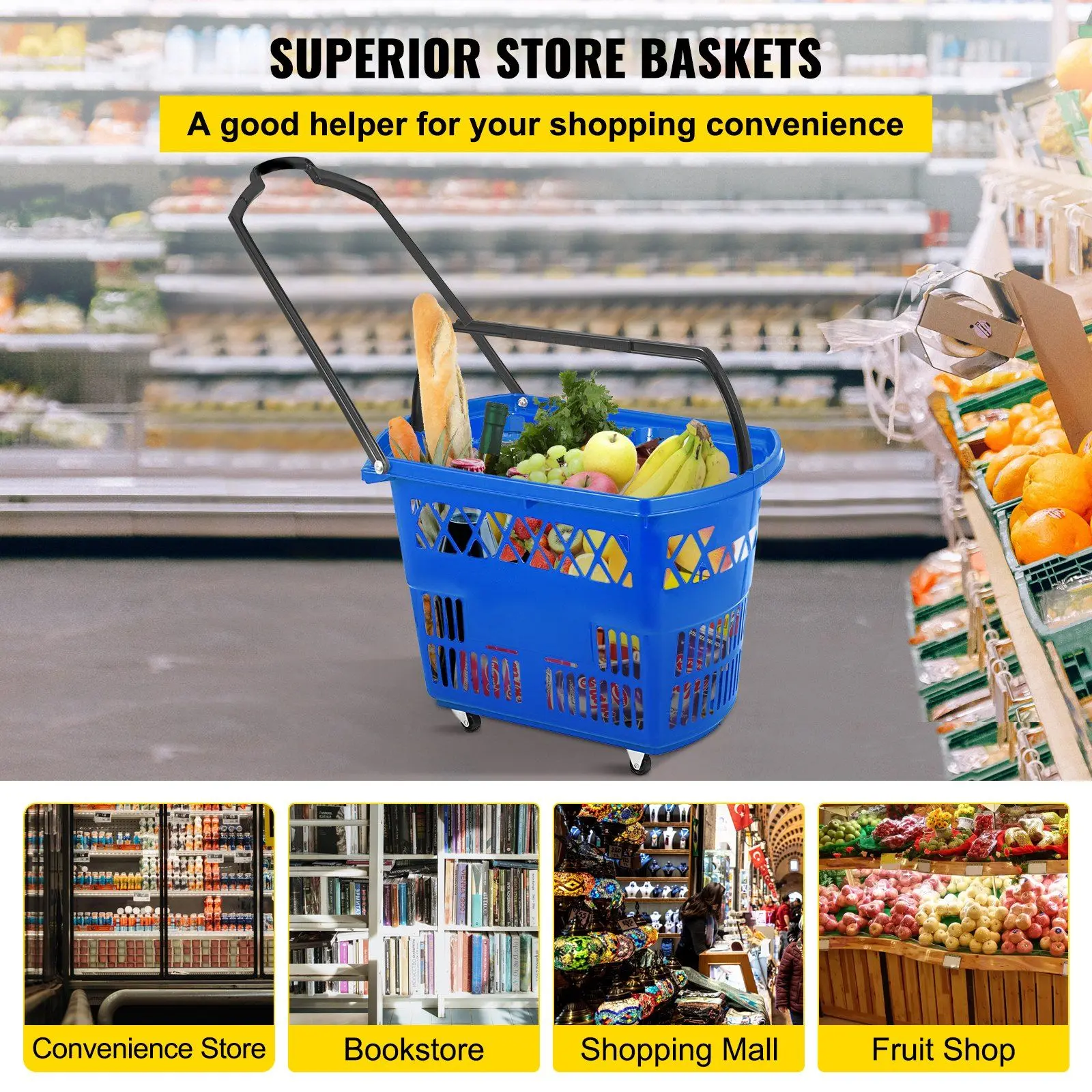 VEVOR 6PCS Shopping Carts, Blue Shopping Baskets with Handles, Plastic Rolling Shopping Basket with Wheels, Portable Shopping Basket Set for Retail Store