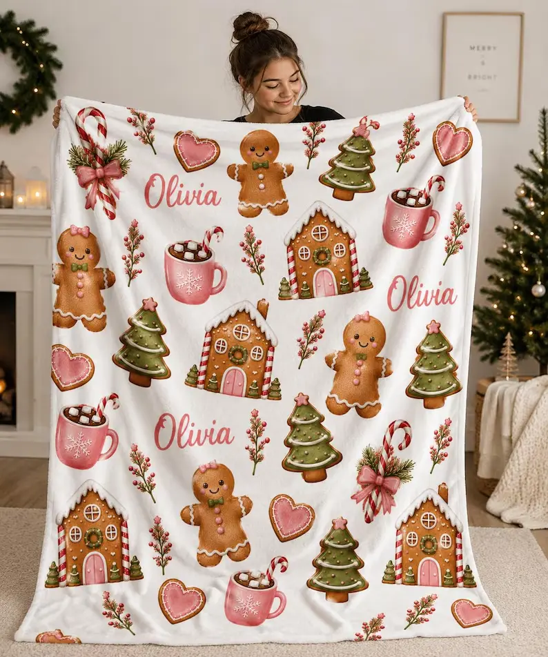 Personalized Gingerbread Christmas Blanket, Custom Name Velveteen Throw, Cute Holiday Blanket for Girls, Cozy Christmas Gift, Kids Christmas