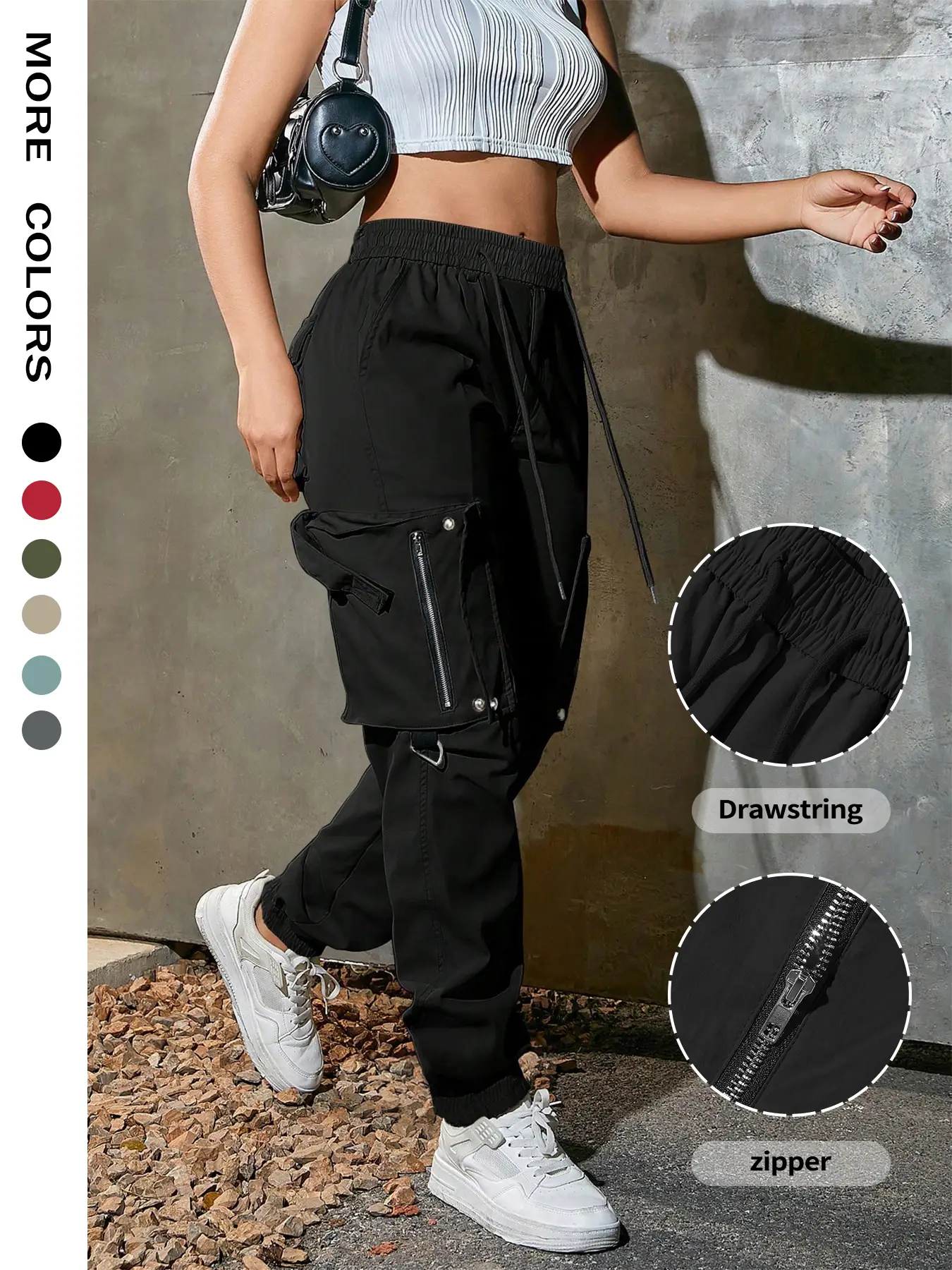 Women's Solid Pocket Drawstring Cargo Pants, Street Fashion Casual Trousers for Daily Wear, Ladies Bottoms for Spring & Fall, Baggy Pants