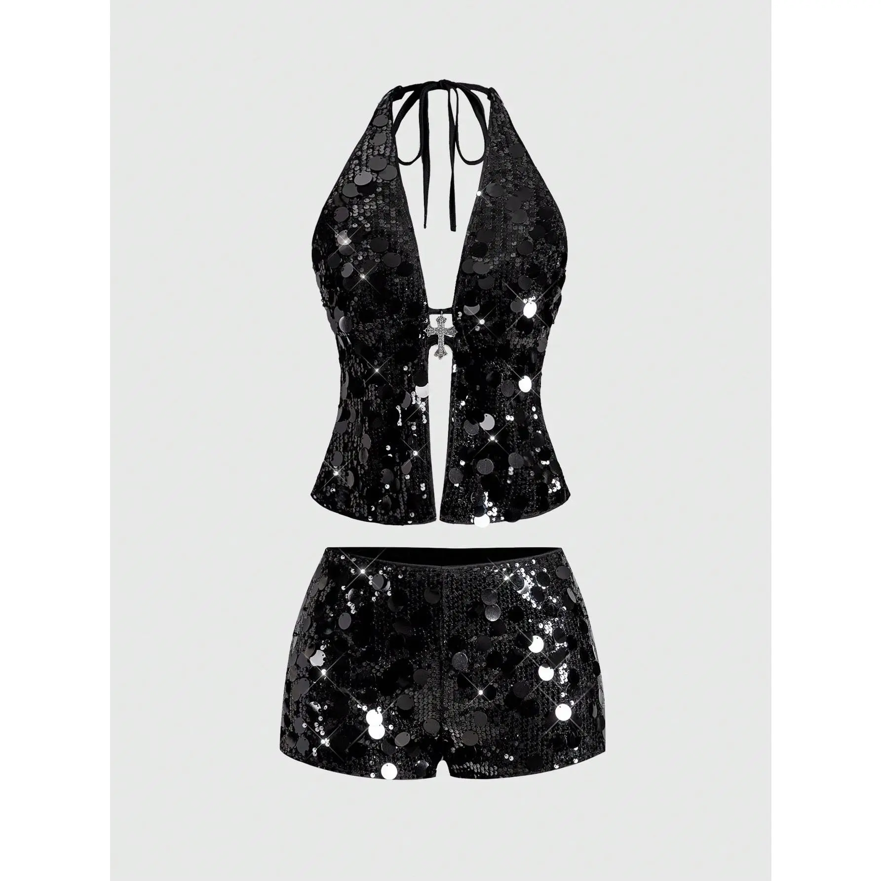 Spring/Summer Party Casual Luxury Black Punk Rock Diva Festival Outfit, Halter Neck Sequin Cross Pendant 2 Pieces Set For New Year Party