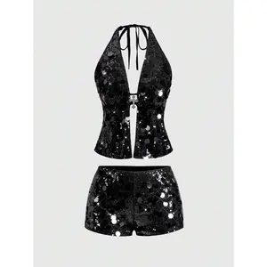 Spring/Summer Party Casual Luxury Black Punk Rock Diva Festival Outfit, Halter Neck Sequin Cross Pendant 2 Pieces Set For New Year Party