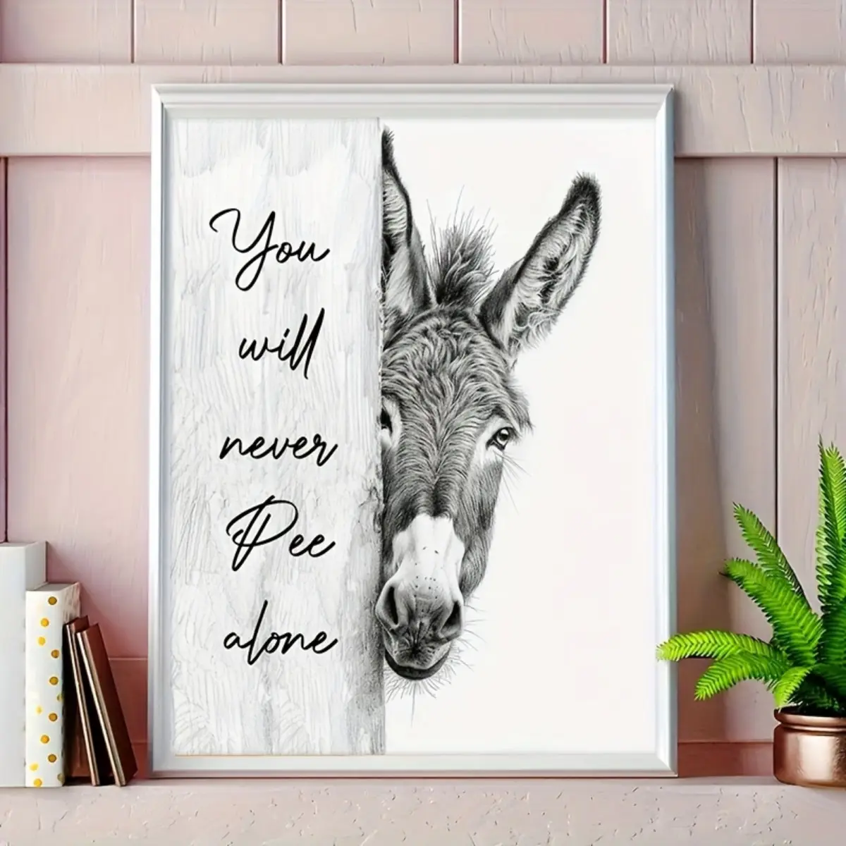 Funny Donkey Unframed Canvas Poster - Wall Art Print with "You'll Never Pee Alone" Text, Farm Animal Theme Funny Decor, Home Kitchen Living Room Decoration, Room Home Inspo Ornament, House