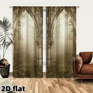2D Flat 2Pcs Fantasy Gothic Arch Curtains Mystic Forest Pattern Window Drapes Room Darkening Light Filtering Panels Living Bedroom Decor Medieval Castle Design Ancient Architecture Treatment Farmhouse