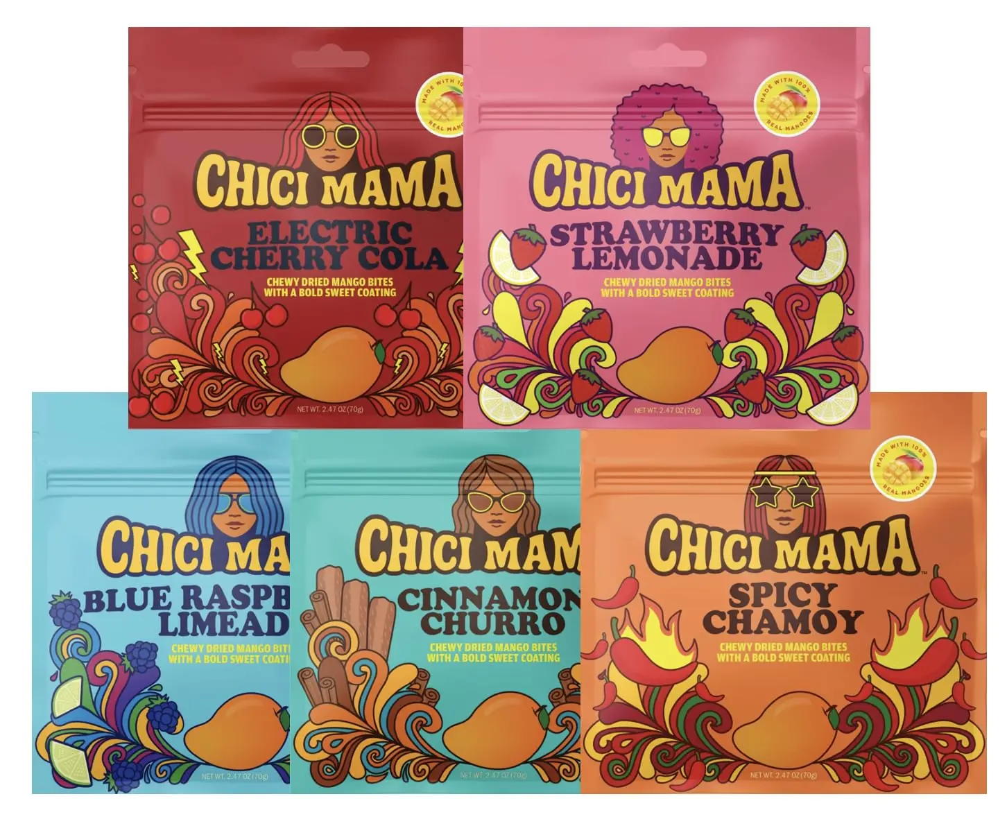 Chici Mama Chewy Mango Bites Variety Pack, 5 Pack – 5 Flavors | Made with Real Mango | Fun, Juicy Candy-Alternative Treats | Gluten-Free, Plant-Based, & Free of Major Allergens | Better-For-You Snack