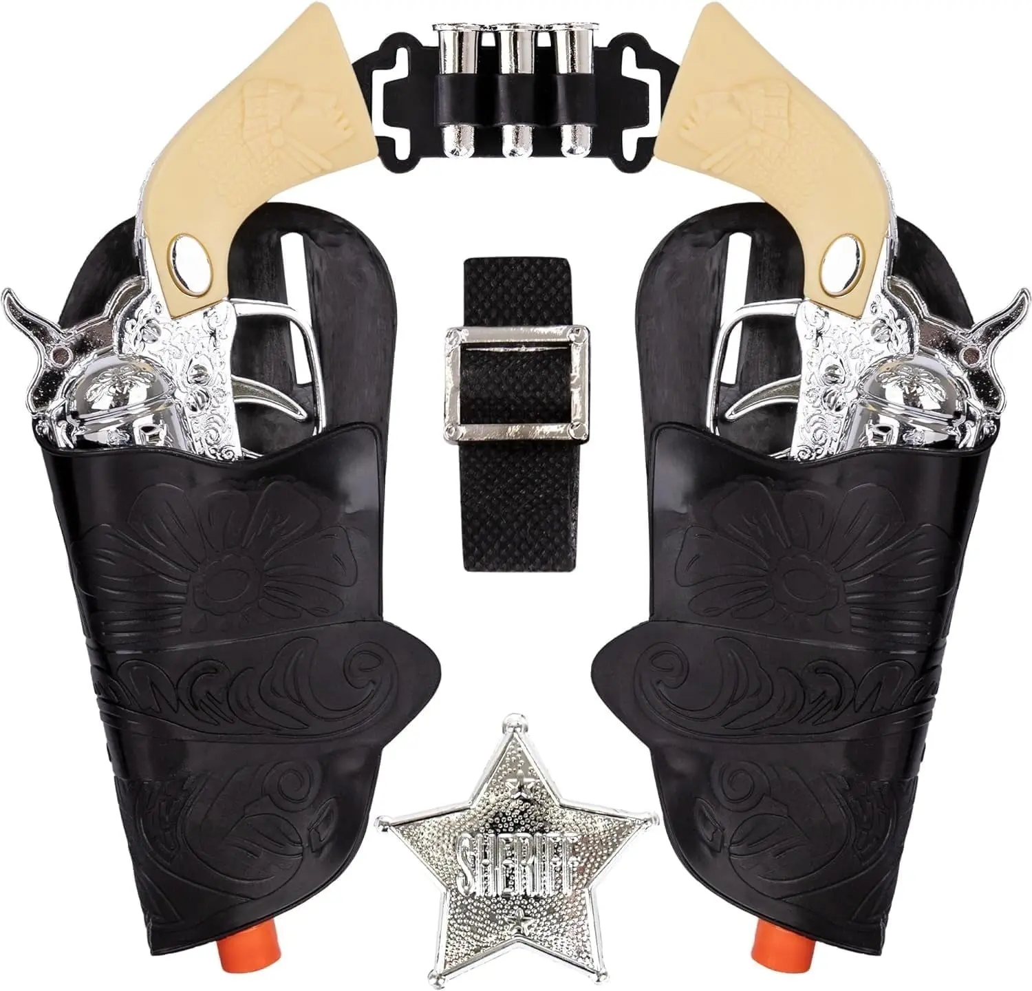 Old Western Action Belt Set for Kids with 2 Toy Pistols, Sheriff Badge, Gun Holsters, and 3 Play Bullets, Adjustable Cowboy Belt Dress-Up Accessories for Woody, Sheriff, Cowboy Costume