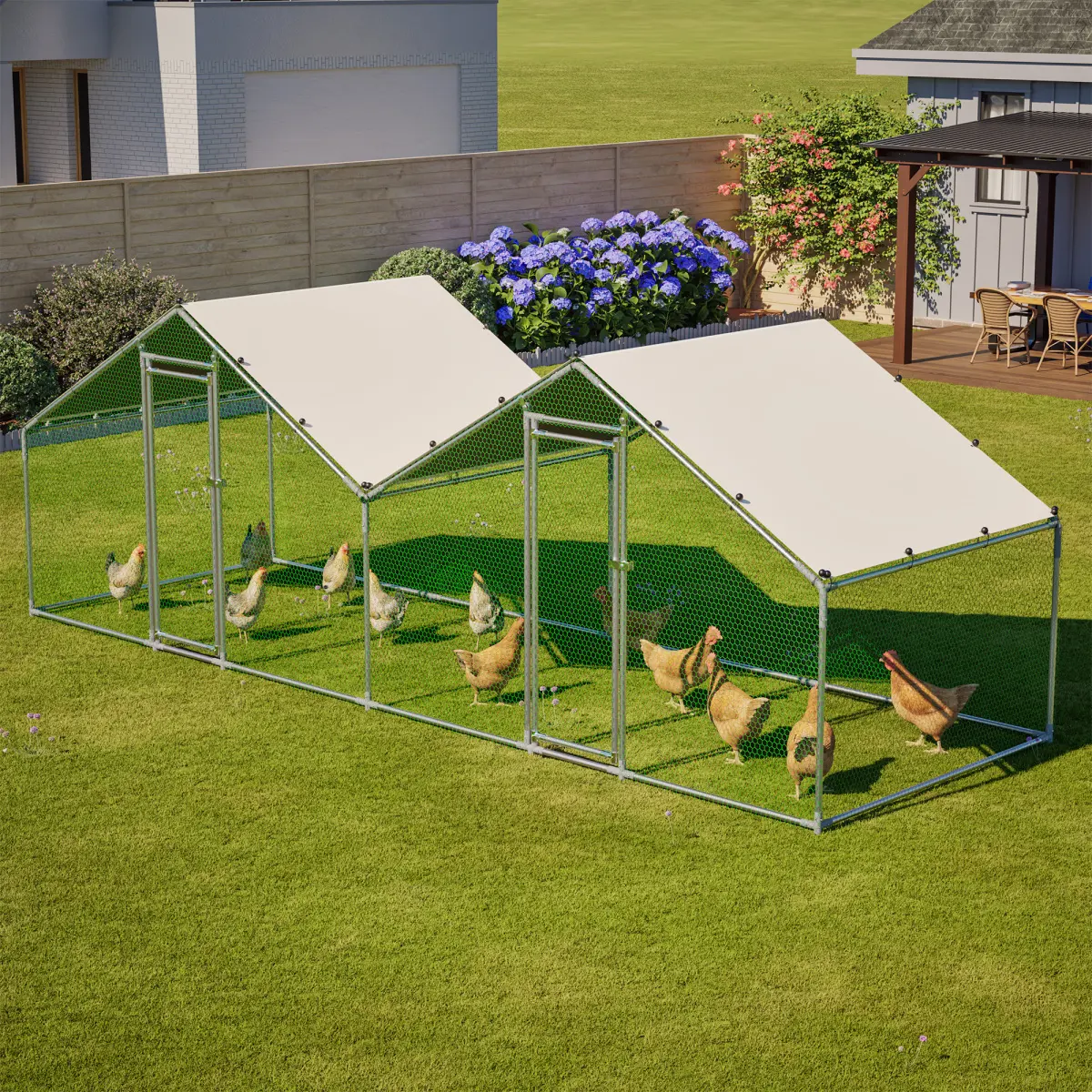 [Bellemave] 6'x20' Walk-In Chicken Coop, Double Peak Metal Poultry Cage with Weatherproof Roof, Small Hex Mesh & Reinforced Wire, Dual-Zone Design for Backyard – Grey