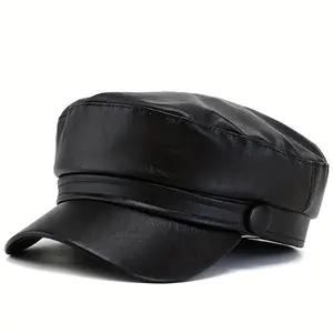 PU Leather Beret High Quality Adjustable Drawstring Stylish Flat Cap for Men Women