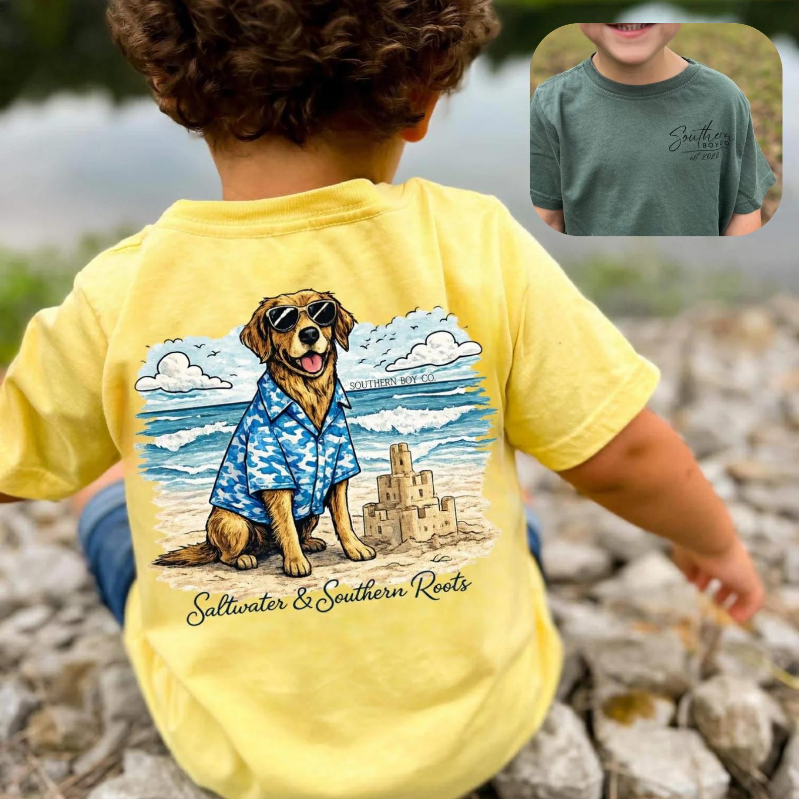 Saltwater & Southern Roots Boy’s Short Sleeve Shirt, Dog Beach Southern Shirt, Trending Summer Outfit, Casual Cotton Tee