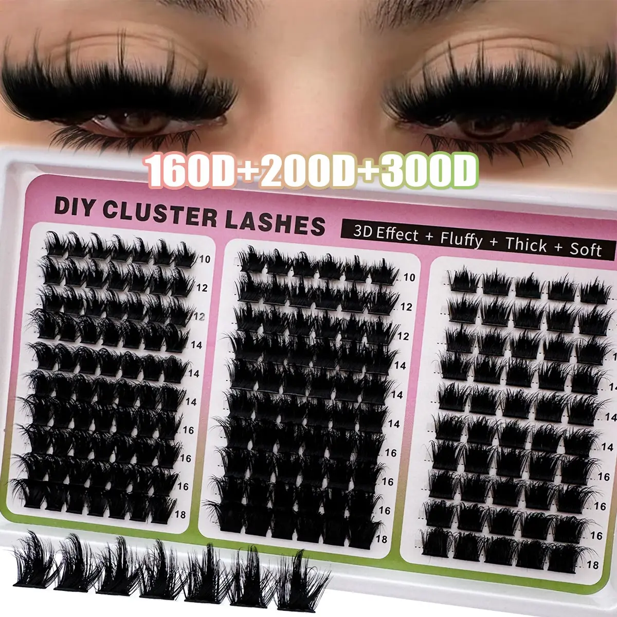300D+200D+160D/160D+100D+60D Spikes Lash Cluster Extensions 180pcs/260pcs Thick Spiky Individuals Lashes 10-18mm Mega Wispy Fluff D/DD Curly Mink Lash Extension, Fluffy Lash Clusters DIY Dramatic Lashes Eyelash Volume Lashes