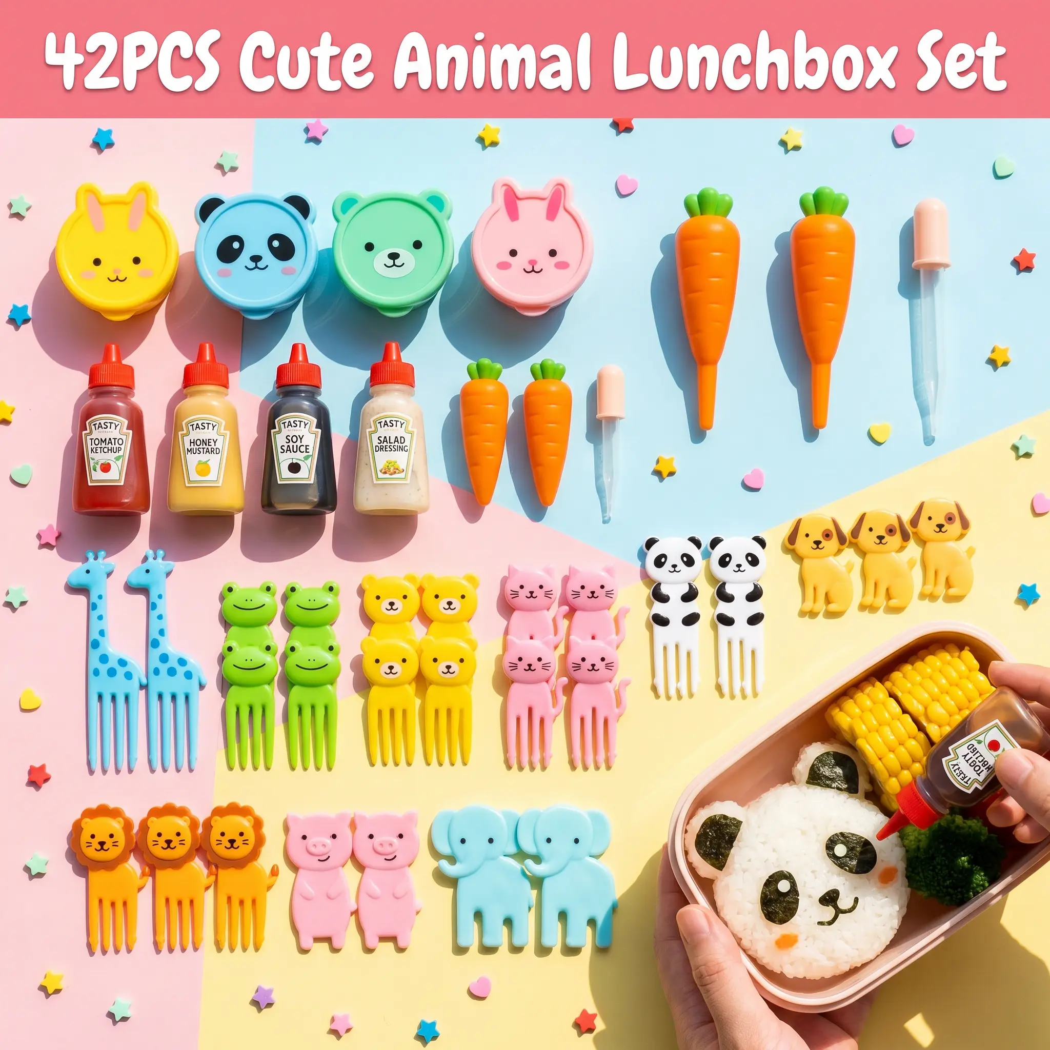 42pcs ABS Compact Size Kitchen Seasoning Utensils Set - Bento Sauce Containers, Japanese Salad Dressing Squeeze Bottles, Ketchup Dispensers (Random Colors) - Kitchenware, Cooking Equipment for Food Preparation with Bento Boxes Compatibility