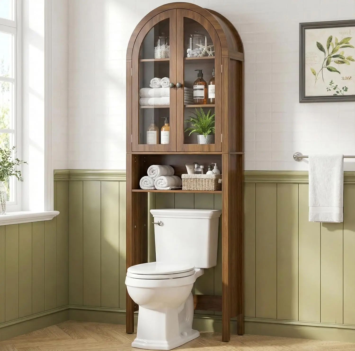 Arched Over The Toilet Storage Cabinet with Acrylic Doors, 4 Tier Small Bathroom Shelf Organizer, Mid Century Modern Bathroom Cabinet with Adjustable Shelf, Slim Narrow Arch Toilet Rack, Anti-Tip Kit Included for Safety