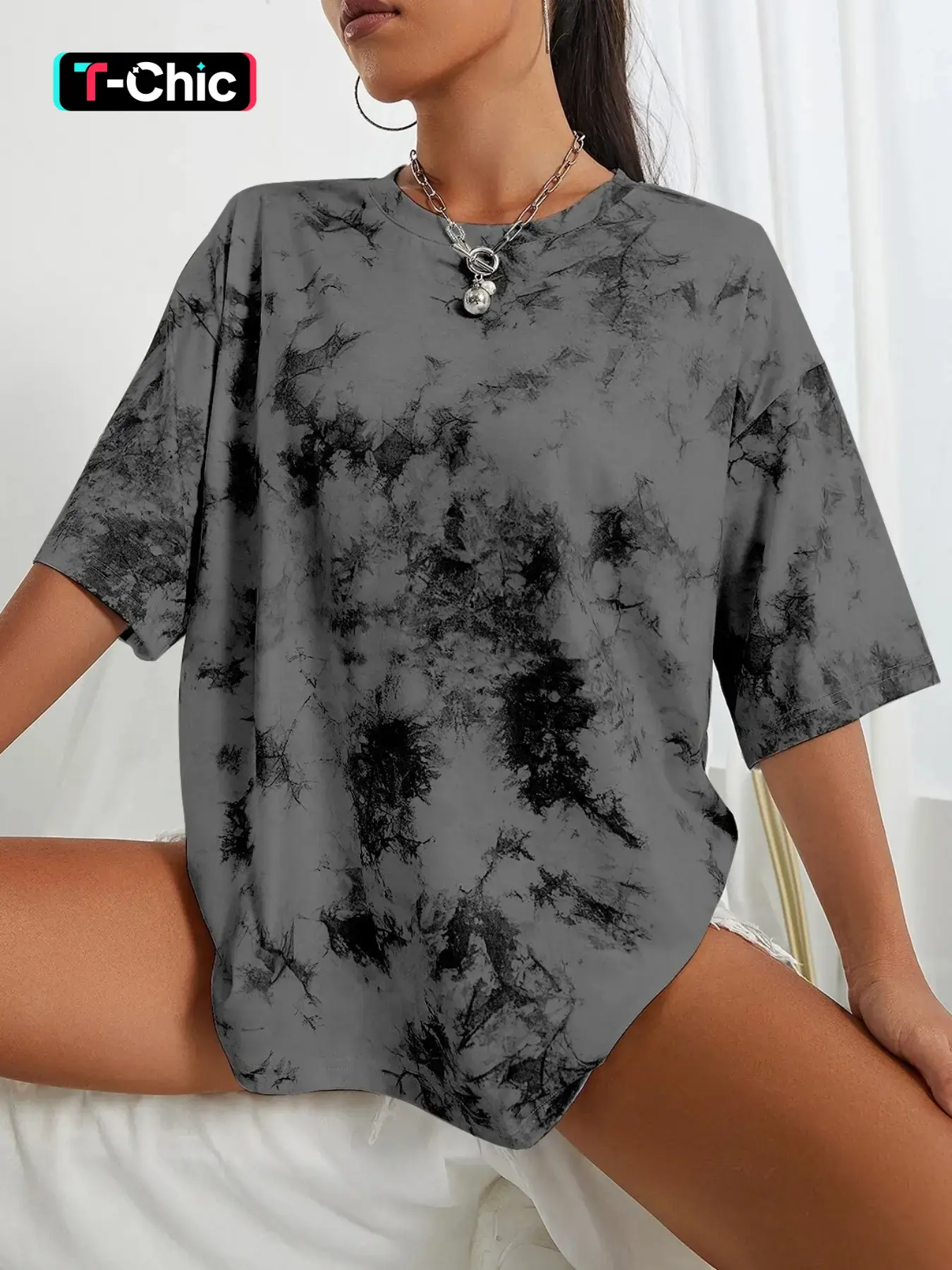 Women's Tie Dye Print Drop Shoulder Tee, Casual Stylish Tee, Top, Street Fashion Casual Short Sleeve Round Neck T-Shirt for Summer, Ladies Clothes for Daily Wear, Streetwear, Everyday, Womenswear, Fit