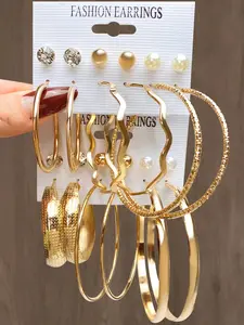 12 Pairs Faux Pearl & Rhinestone Decorated Hoop Earring Sets, High Quality Earrings, Simple Casual Jewelry For Women, All-match Trendy Ear Jewelry For Party, Club, Chic Gorgeous Jewelry