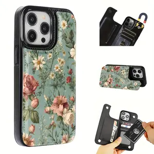 Creative Retro Green Background Floral Pattern Leather Card Holder Phone Case, Suitable for iPhone 17 Air/16 Plus/15 Pro Max/14 Pro/13/12/11/XS Max/X Phone Case, Ideal Gift for Thanksgiving and Christmas for Family, Friends, Lovers, Boyfriend, Girlfriend