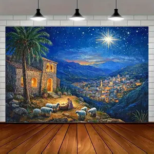 2D Flat Nativity Scene Backdrop - Durable Polyester Magical Decor with Starry Night Sky, Shepherd, Sheep - Indoor-Outdoor Banners for Christmas, Room Decor