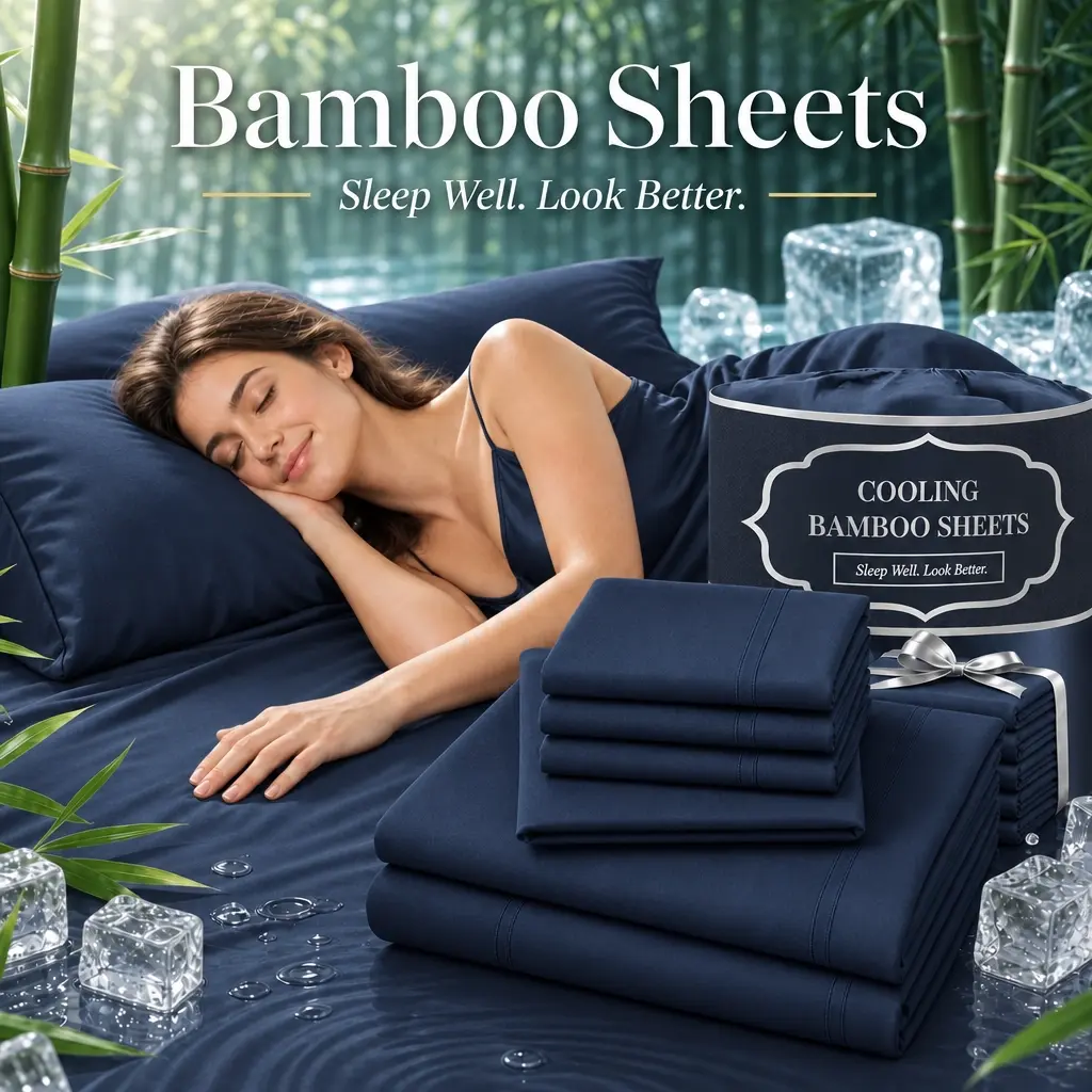 Jollyvogue 50% Viscose Blend Bamboo Cooling Bedding Set, 3-4 Pc Hotel Luxury Sheets & Pillowcases with 16-in Extra Deep Pockets, Lightweight, Breathable, Soft, Wrinkle-Free, Fade-Resistant, Hot-Sleeper Cool, Machine Washable Gift for Her