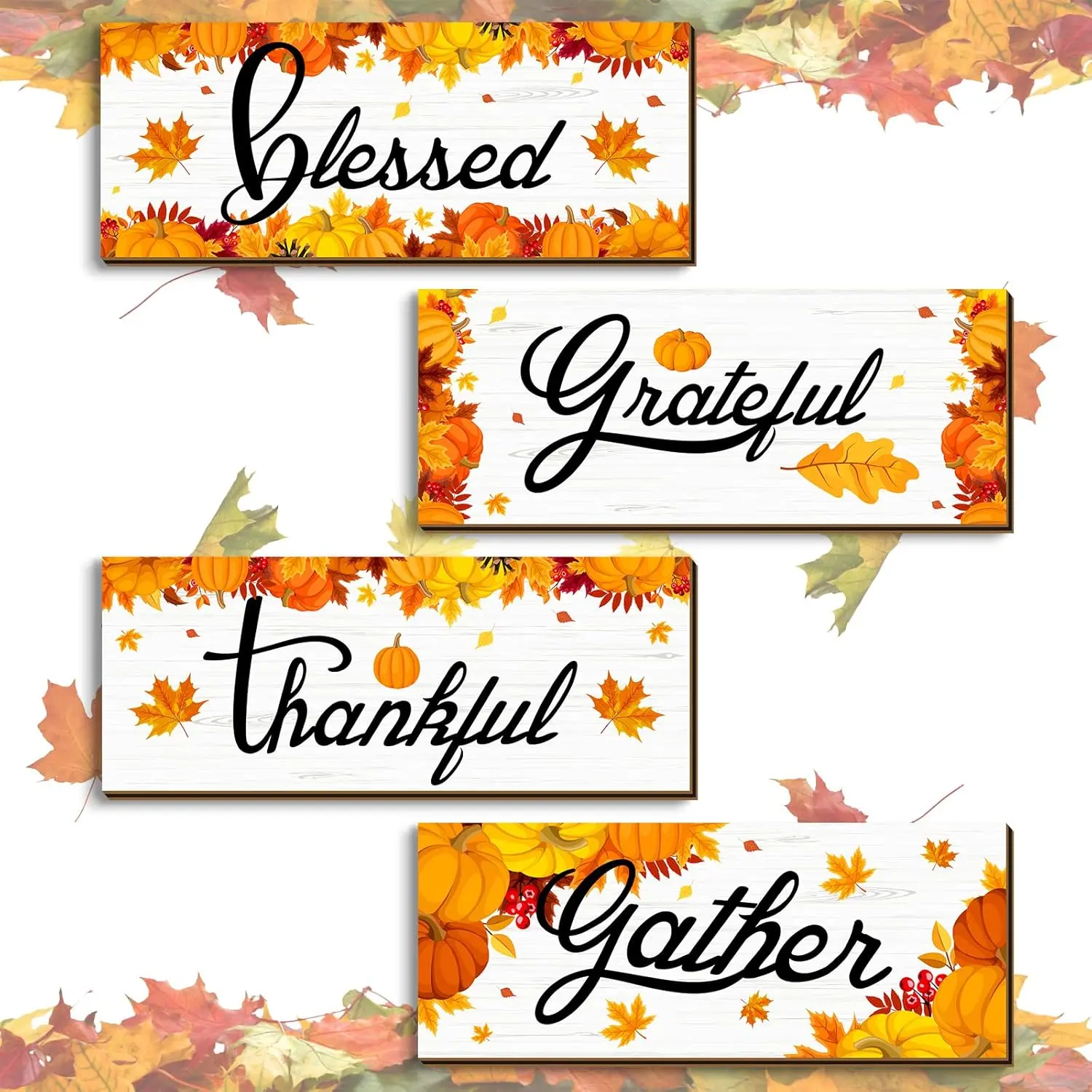 4pcs Thanksgiving Fall Harvest Maple-Pumpkin Element-Thankful Theme-Wooden Wall Decor 10in/25cm Home Livingroom Decor and Accessories Office Decor Study Room Decor Wall Art Decor Party Decor Holiday Supplies(With Double-sided Adhesive Tape), Halloween