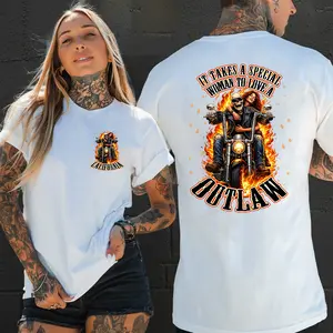 [Vintage Mindset] Personalized State Outlaw Biker Shirt, Women's Outlaw Biker Tee, Special Woman Loves Outlaw Skull Rider Flames Motorcycle Graphic Shirt