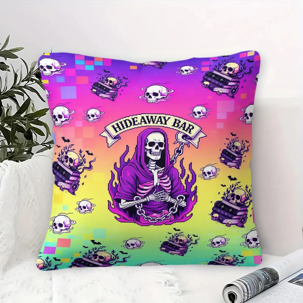 Retro Pixel Art Skeleton Hideaway Bar Throw Pillow, Vibrant Neon Skull Decorative Cushion,Soft Square Accent Pillow with Pillow Core,for Couch,Bed,Dorm & Gothic Room Decor,Perfect Gift for Skull & Dark Aesthetic Lovers