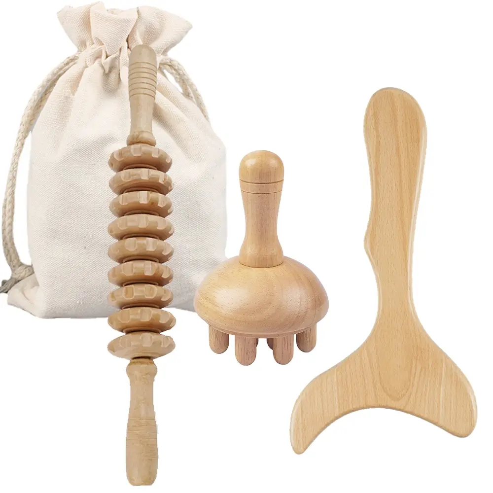 3 Counts Wooden Massage Tool Set, Wood Massager Kit, Manual Massage Tool for Legs, Waist, Shoulders, Arms, Back, Body Massage Tool Wooden Massage Roller for Home & Office Use Body Massager Back Massager Lymphatic Massage with Storage Bag
