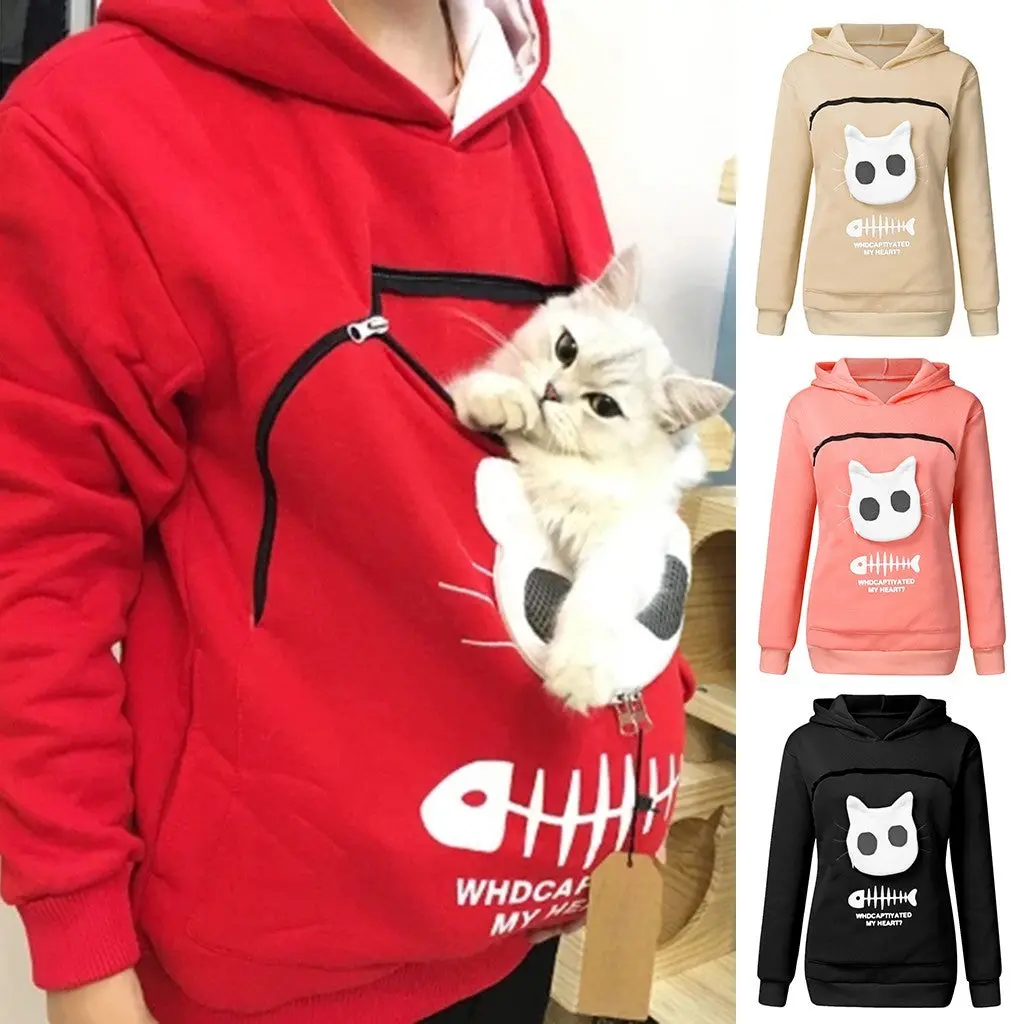 Hoodie Sweatshirt With Pet Pocket Design Long Sleeve Sweater Cotton Womenswear