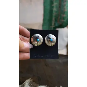 Handmade Native Art 1.25 in Classic Saucer Button Stud Earrings, Fashion Costume Jewelry Statement Earrings, Native Art Earrings