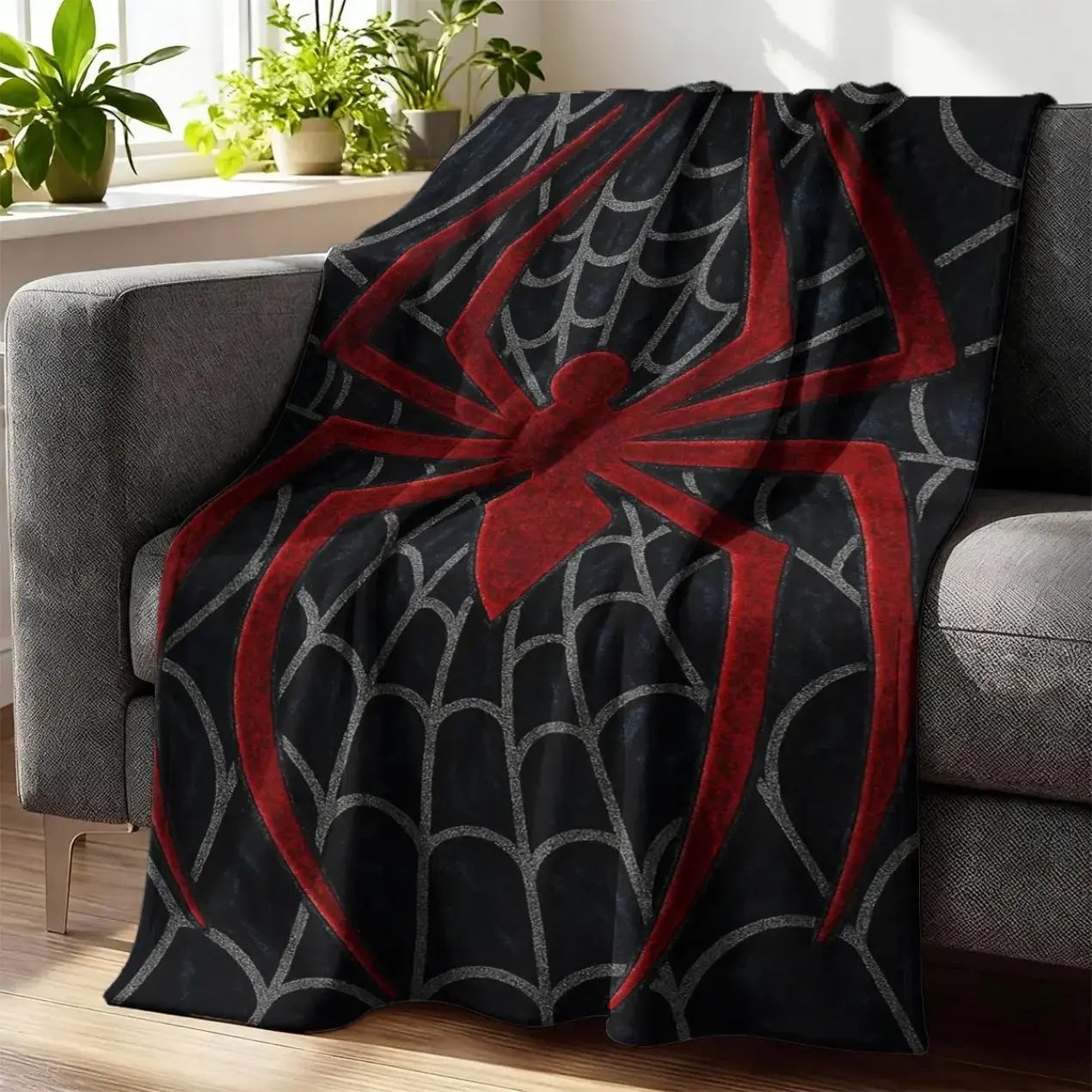 Black Red Spider Inspired Flannel Throw Blanket Comic Hero Style Soft Plush Cover Bed Sofa Adults Spider Web Graphic Art Superhero Aesthetic Gothic Room Decor Halloween Christmas Gift Fan