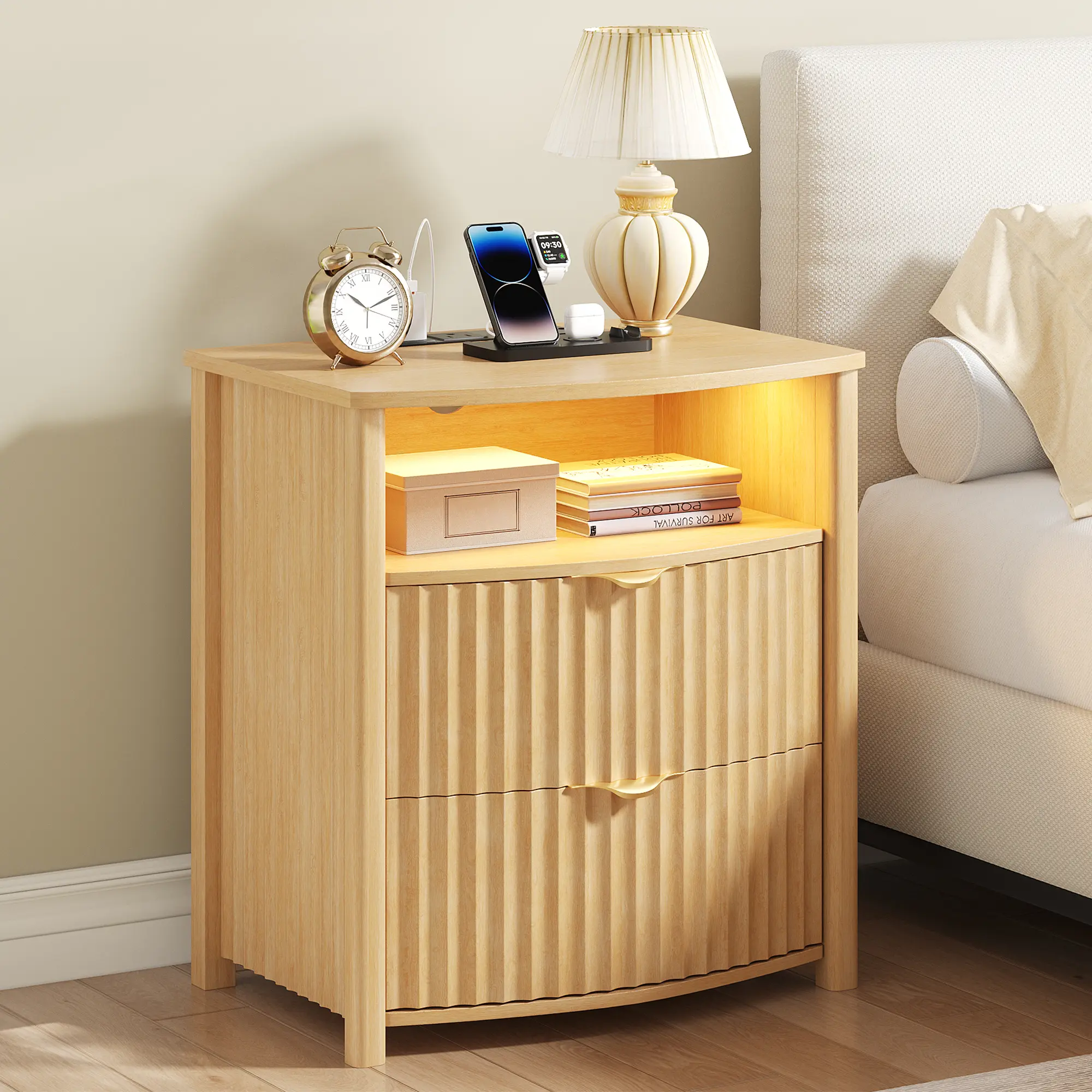 Dystler Fluted Nightstand, 19.7" W Curved Smart Bedside Table with Gun Drawer, Card-Lock, 2 Drawers, Charging Station & LED Lights for Bedroom