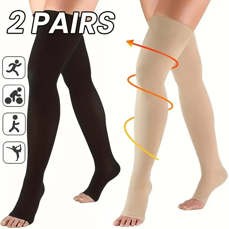 Athletic Compression Stockings, 2-Pairs Unisex Knee-High Open-Toe Nylon Socks for Running & Cycling Support