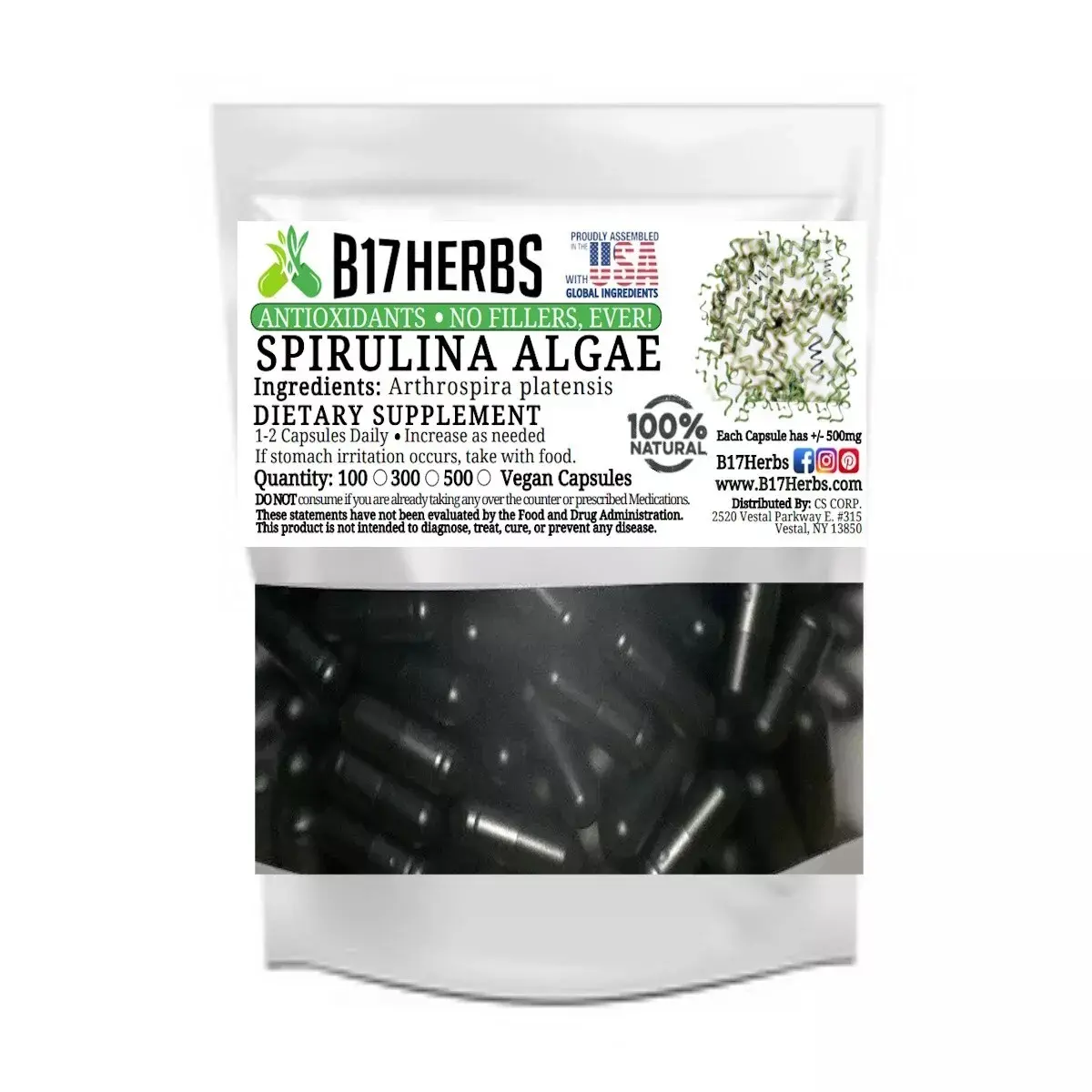 Pure Spirulina Algae Veggie Capsules | Superfood | 100 pcs.