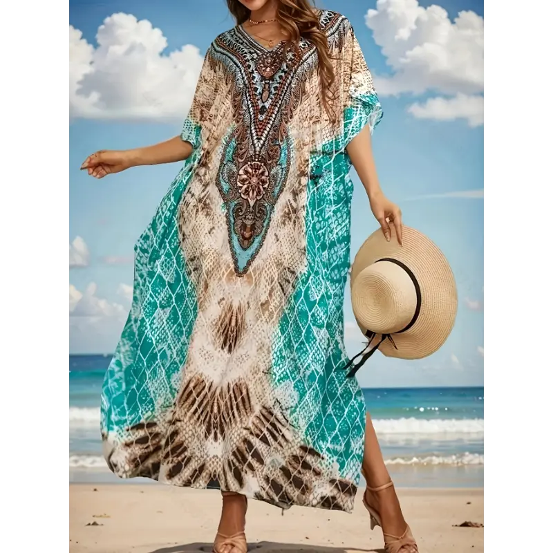 Bohemian style Boho Chic Plus Size Kaftan Dress - Vibrant & Geometric Print, V-Neck Batwing Sleeve Cover-Up with Belt Detail, Loose Fit Moroccan Caftan Style for Women - Perfect for Beach, Poolside, or Summer Outings