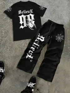 Unisex Spiderweb Pattern Print Sportswear Set, Casual Loose Tracksuit, Loose Wide Leg Pants & T-Shirt, Gothic Fonts Vintage Font, Casual Fitted Suit, Spring & Fall