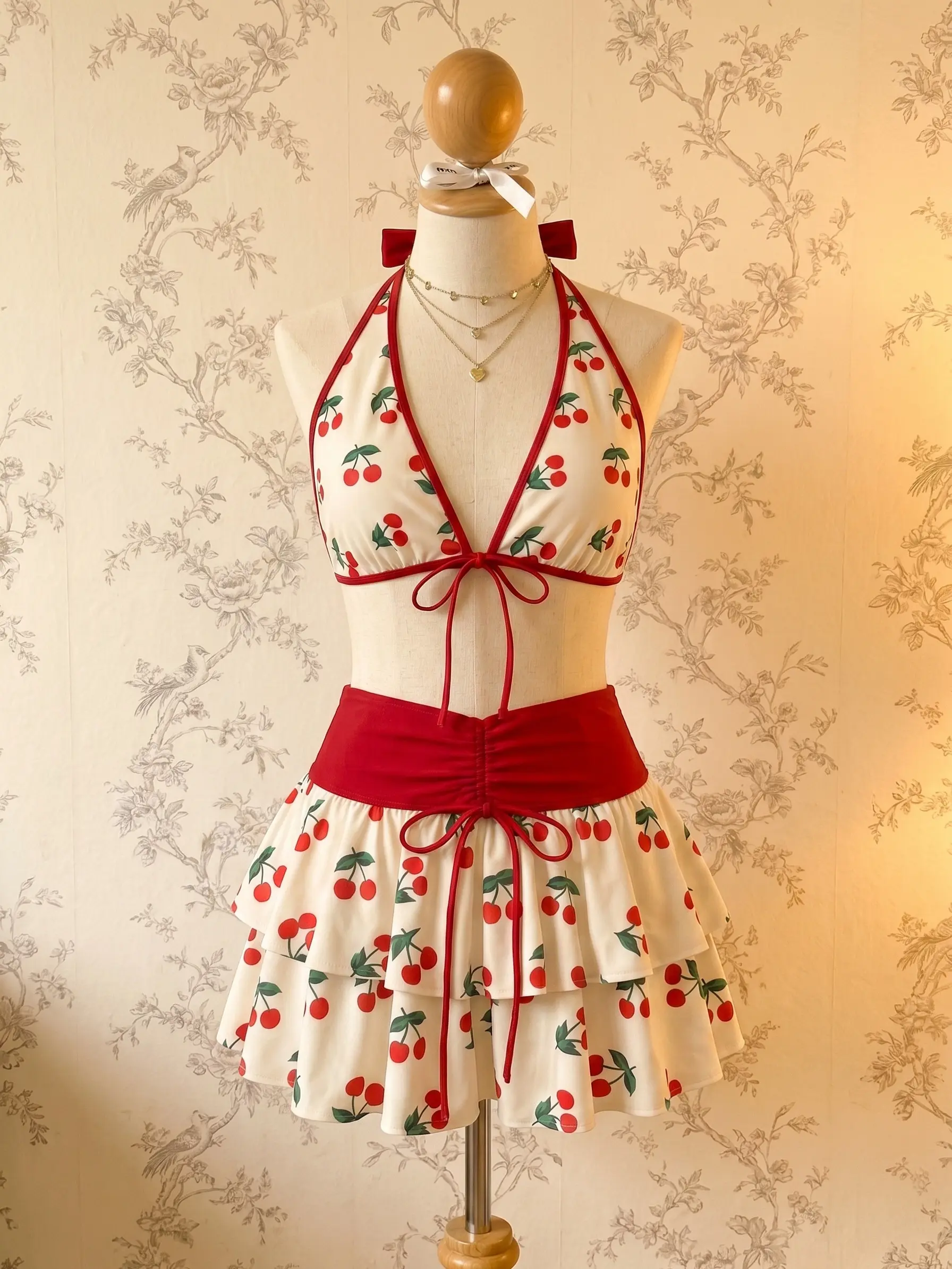 RETRO STAGE Women's 1960s Retro Cherry-Print 2-Piece Bikini Outfit Variant - Tie-Front Layered Bathing Suit with Removable Pads, Period Swimwear Bottoms, No, Beachwear Swimsuit, Bathing Suit Women, Swimsuits Bikinis, Bold Retro Print BackToSchool