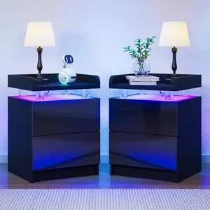 Nightstand Set of 2 with LED Lights Adjustable Lighting 2 Storage Drawers Modern Design Bedside Table for Bedroom 15IN Coffee Nursery
