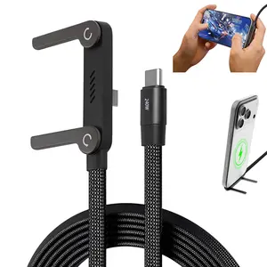 240W USB-C Fast Charging Cable with Foldable Phone Stand, 2-in-1 Braided Charger Cord, Built-in Kickstand for Hands-Free Viewing, Gaming, Travel, Desk Use, Compatible with iPhone 15-17, Android, Tablets & Laptops, 1.5m Black hidden adapter