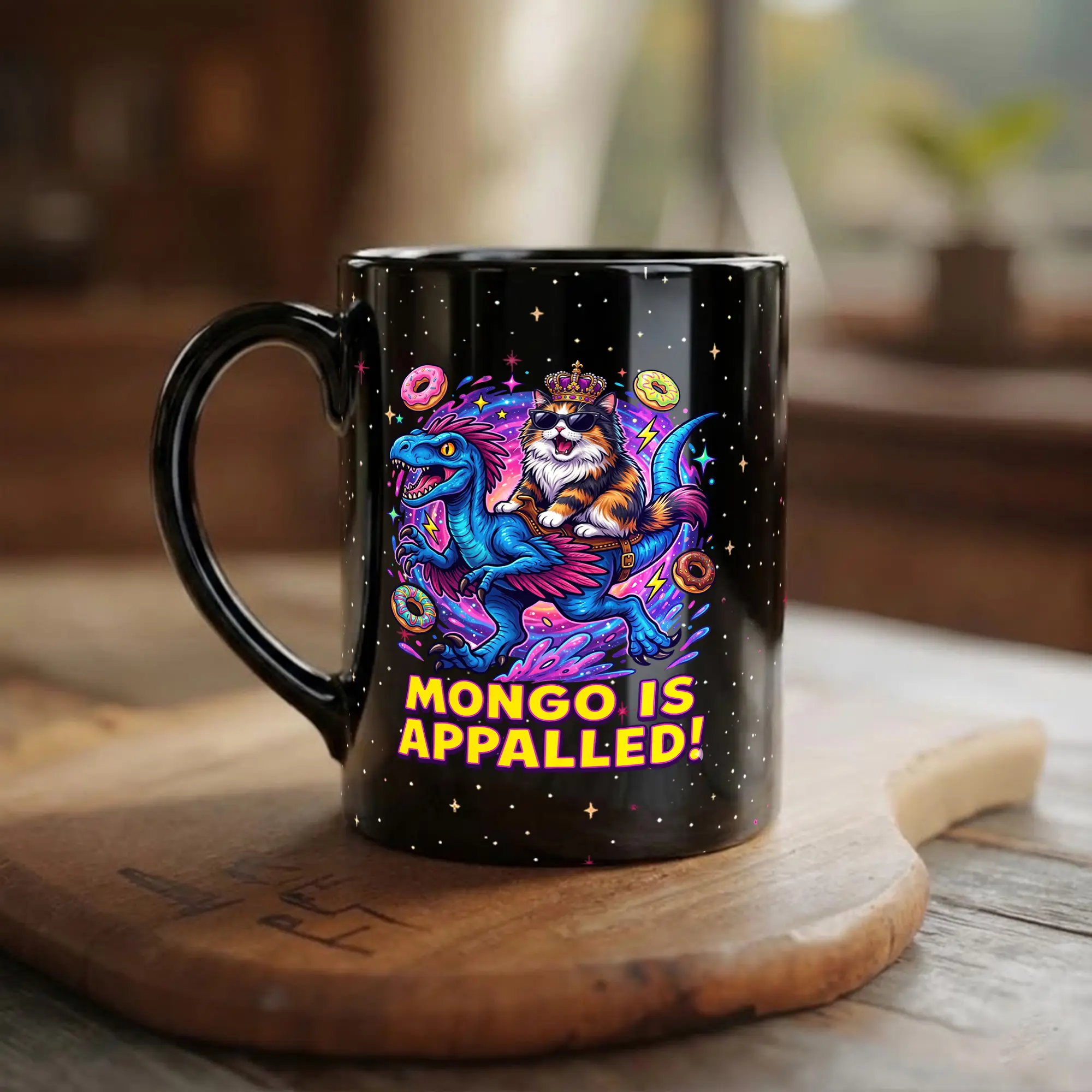 2D Funny Fantasy Cat and Dinosaur Black Ceramic Mug, 11oz 15oz Coffee Mug with Colorful Printed Design, Space Adventure Tea Cup, Book Lover Gift for Men Women