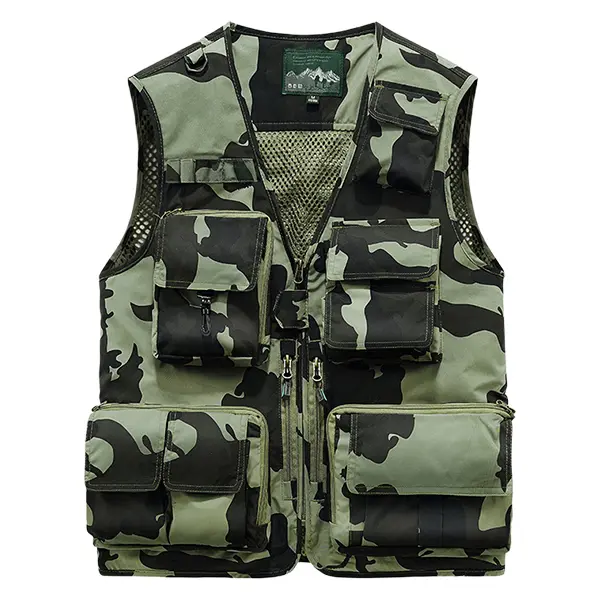 Outdoor camouflage tactical vest with multiple pockets, breathable mesh front and back for heat dissipation; multifunctional work vest suitable for hiking, fishing, live streaming, and photography.