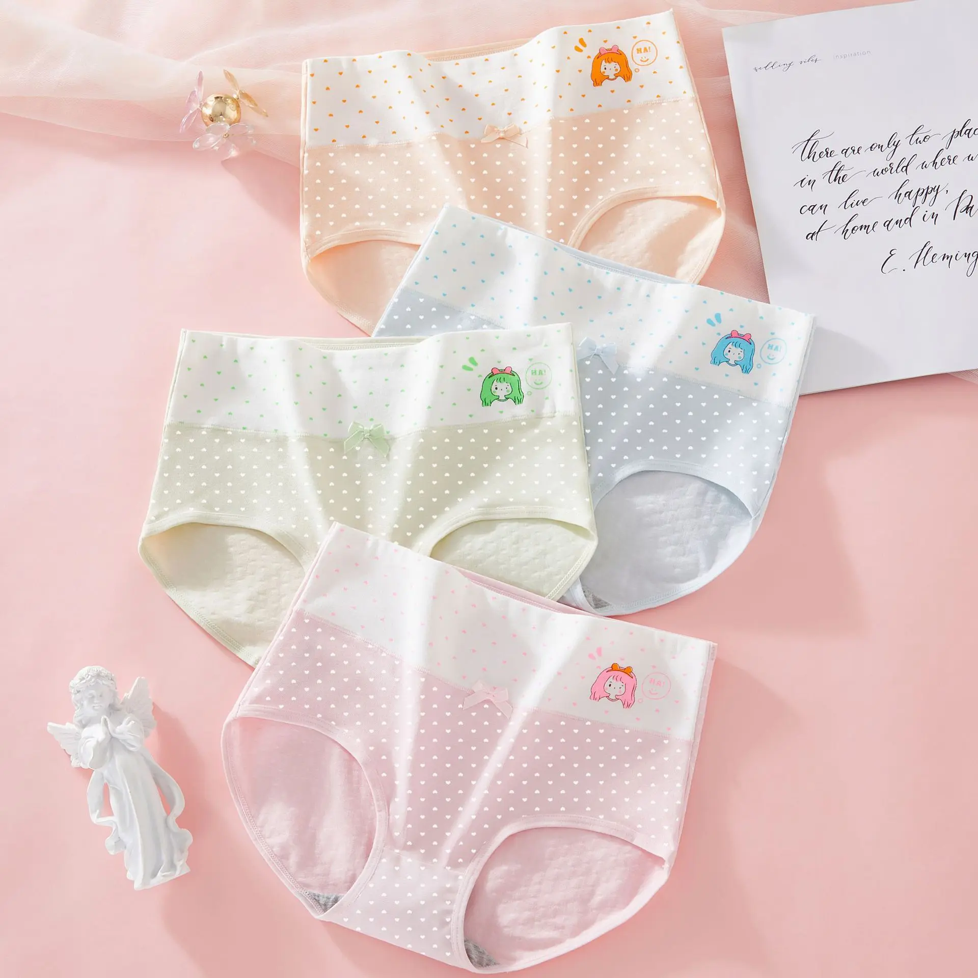 Girls' 4-Pack Breathable Cotton Mid-Rise Briefs, Cartoon & Polka Dot Prints, Prop 65 Safe, for Everyday School & Camping Essentials