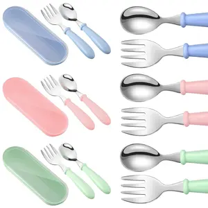 9 Pieces Utensils Stainless Steel Fork and Spoon Safe Silverware Set, Safe Utensils Flatware Cutlery Set with Round Handle for Lunch Box 12.5cm 5inch (Blue, Green, Pink)
