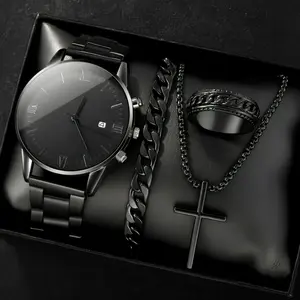 Luxury Men's Watch Set Roman Numeral Quartz Calendar Watch + Bracelet Necklace Jewelry Gift Box